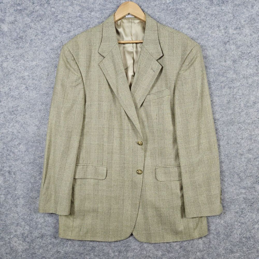 Meeting Street Men's Blazer Beige Size 44R Silk Wool Windowpane Plaid‎ 2-Button
